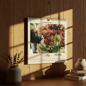 Vibrant flower calendar for May 2026 on wooden wall with natural light and shadow.