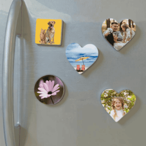 Dog and cat photo magnet with beach scene and smiling people, personalised photo magnet for home decoration, Pet and family photo keepsake.