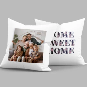 Happy family photo on personalised pillow, "Home Sweet Home" design, perfect for family décor.