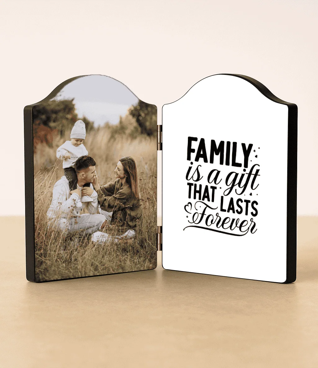 Family photo frame with inspirational quote about family love and bond.