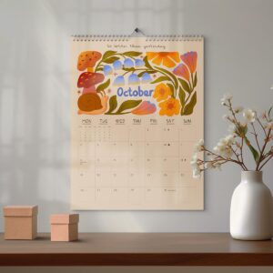 October calendar with colourful floral illustrations hanging on a wall.
