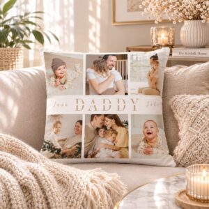Personalised family photo cushion with 'Daddy' text on a cosy sofa.