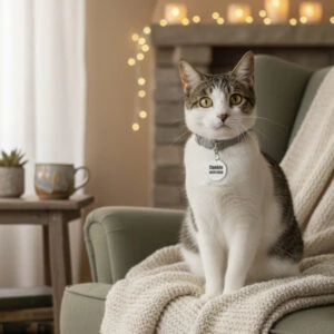 Domestic cat wearing a pet ID tag sitting on a sofa.